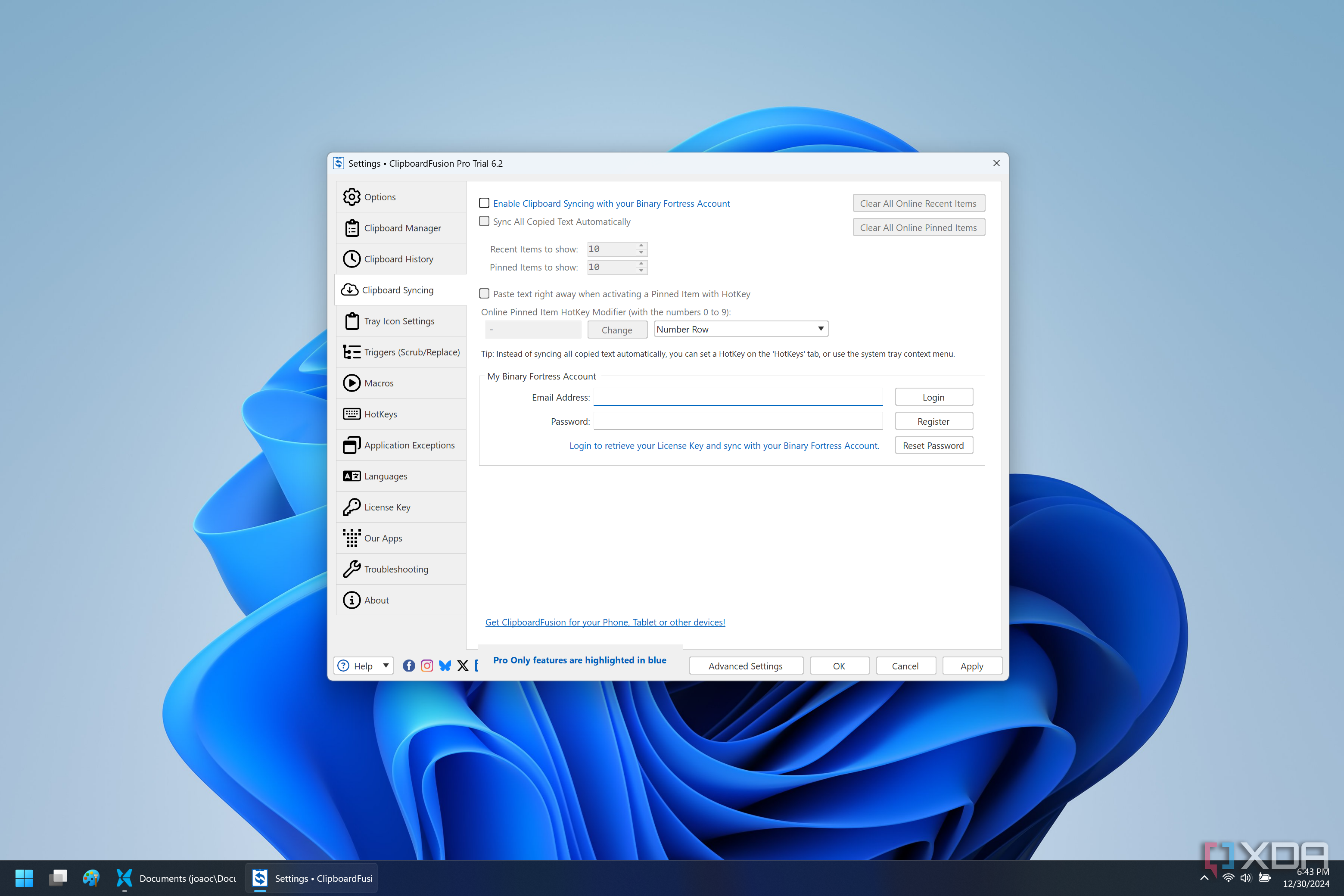 Screenshot of the ClipboardFusion sync settings