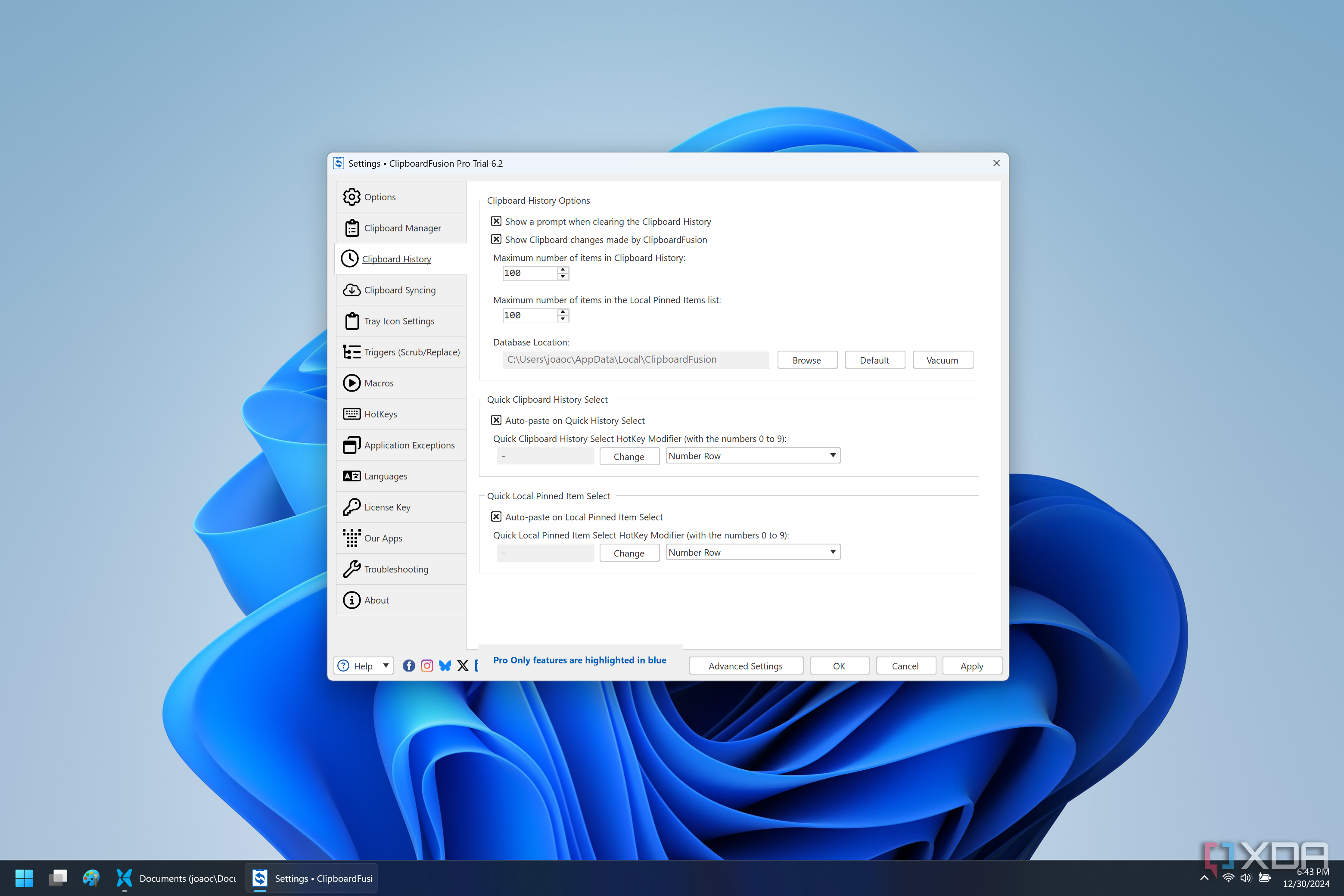 Screenshot of the ClipboardFusion clipboard history settings