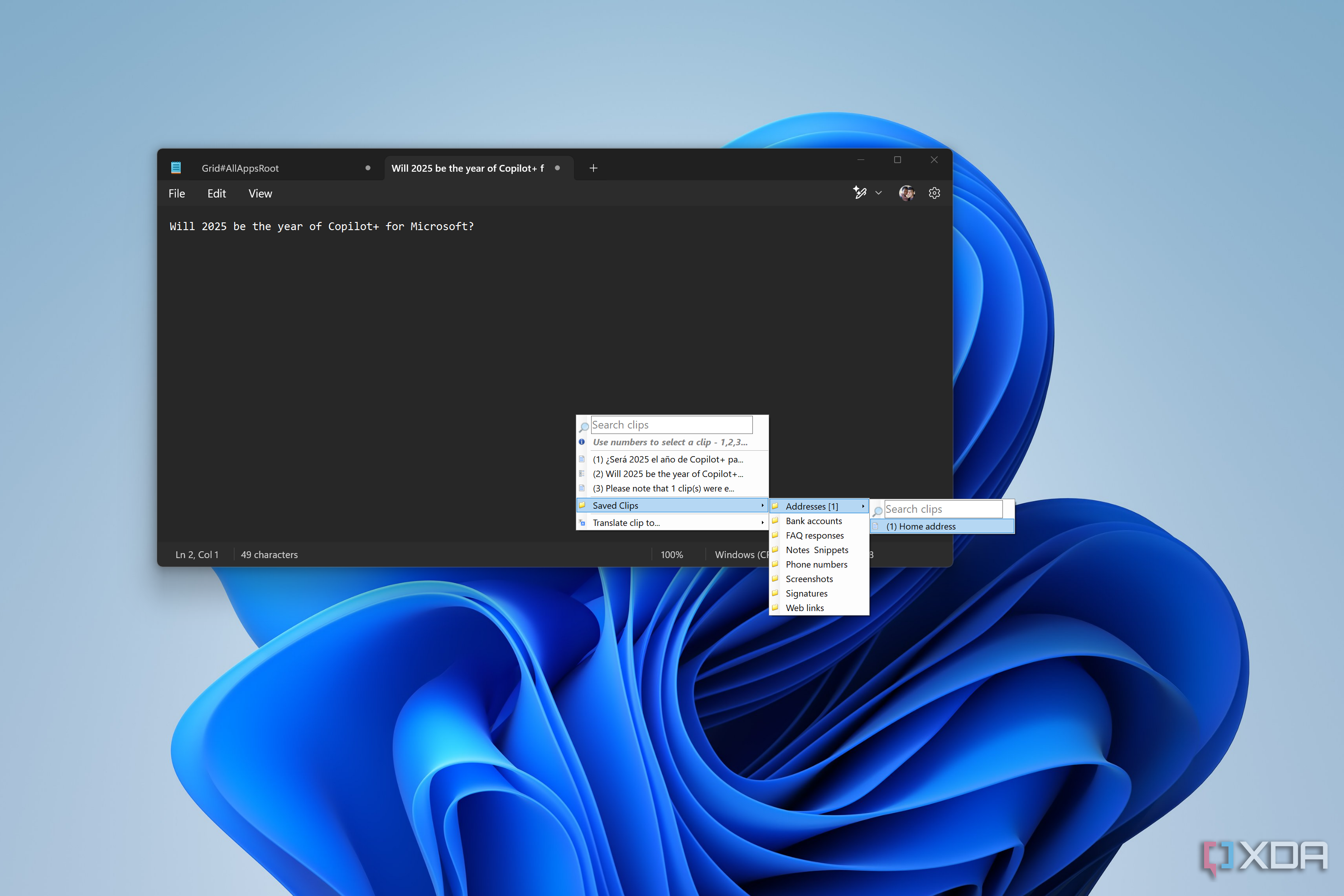 Screenshot of Notepad on Windows 11 with a ClipClip menu showing a saved address to paste