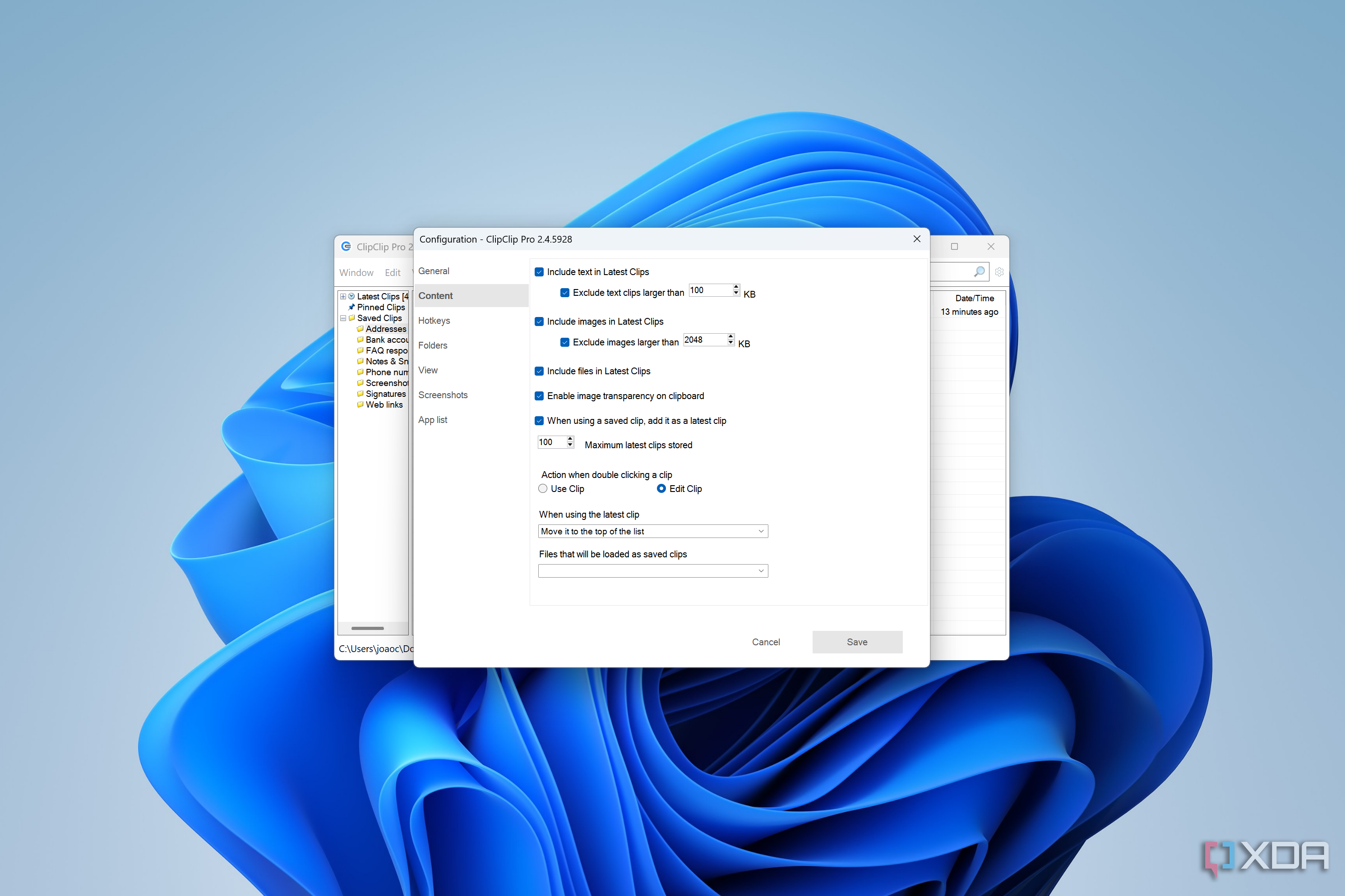 Screenshot of ClipClip content settings 