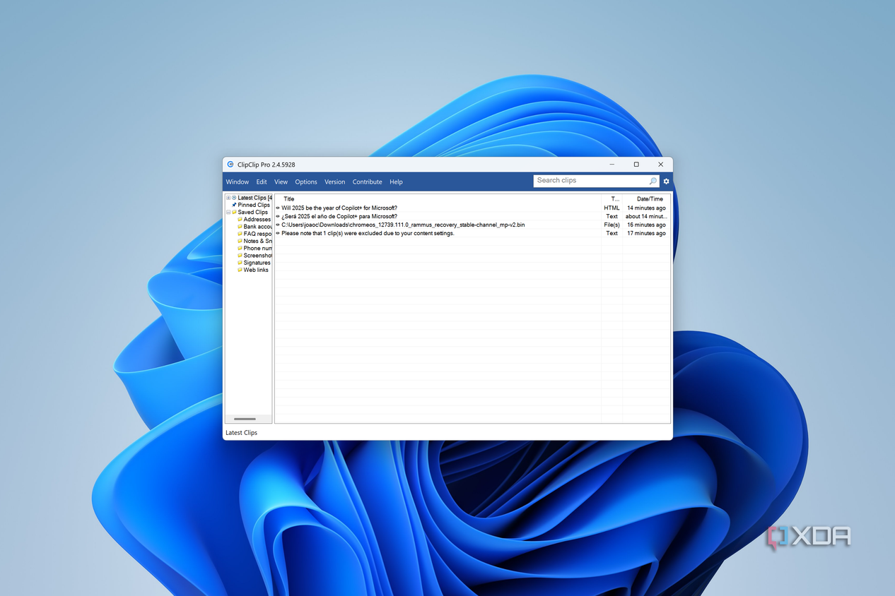 Screenshot of the main ClipClip window showing recent clips