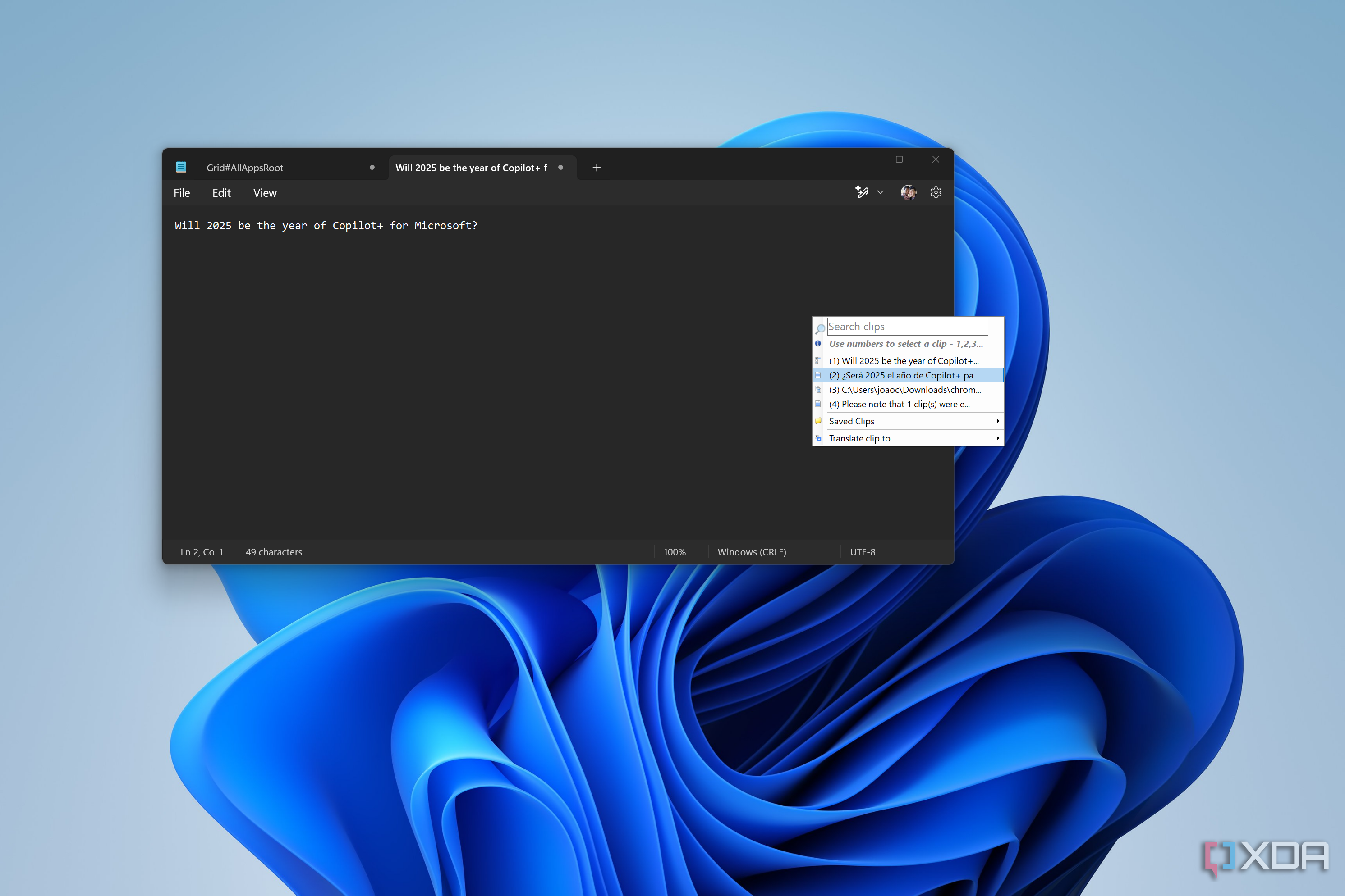 Screenshot of Notepad on Windows 11 with a ClipClip menu showing available clips to paste