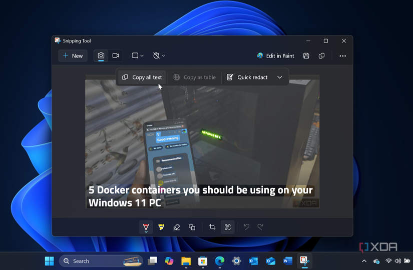 Using the Snipping Tool on Windows 11 to extract text from images