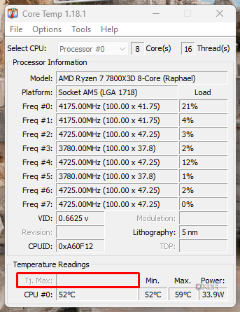Image of core temp program with the TJ Max field circled. 