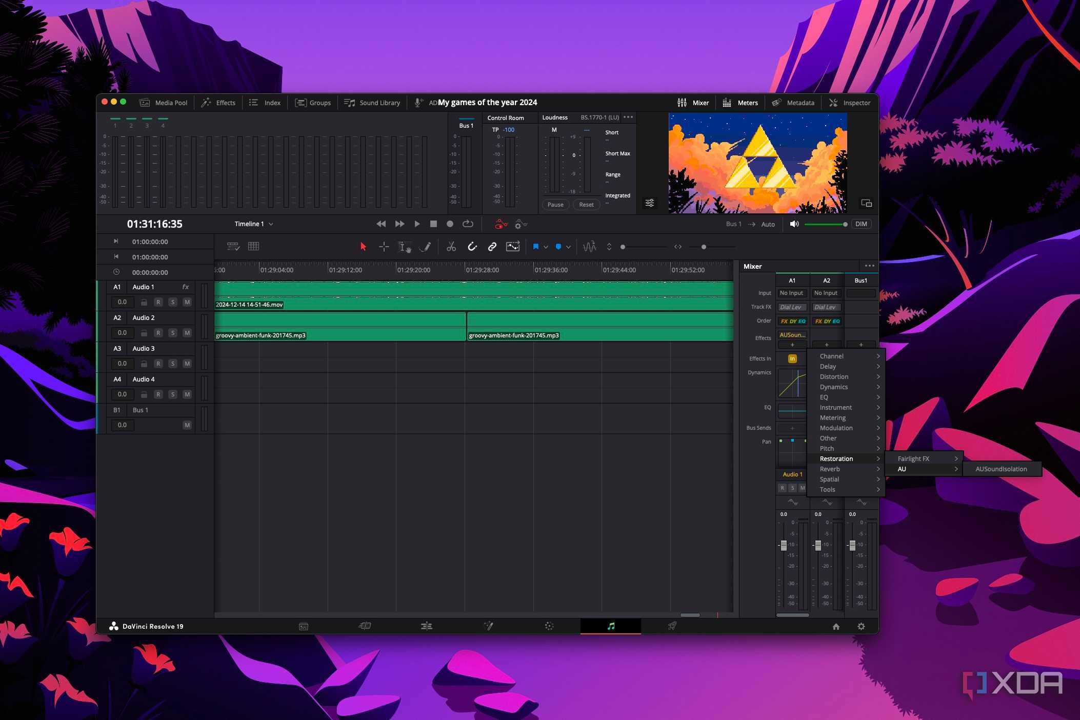 Screenshot of DaVinci Resolve showing available sound effects on macOS