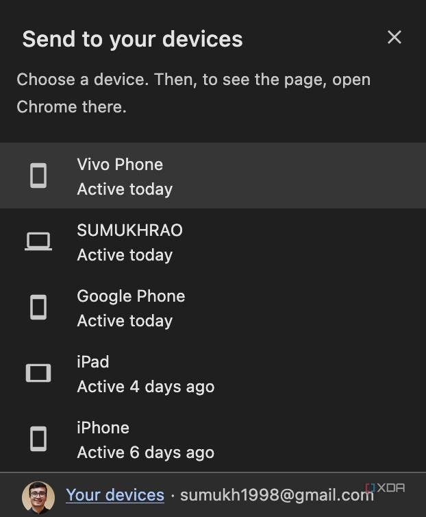 Devices to send tabs in Chrome