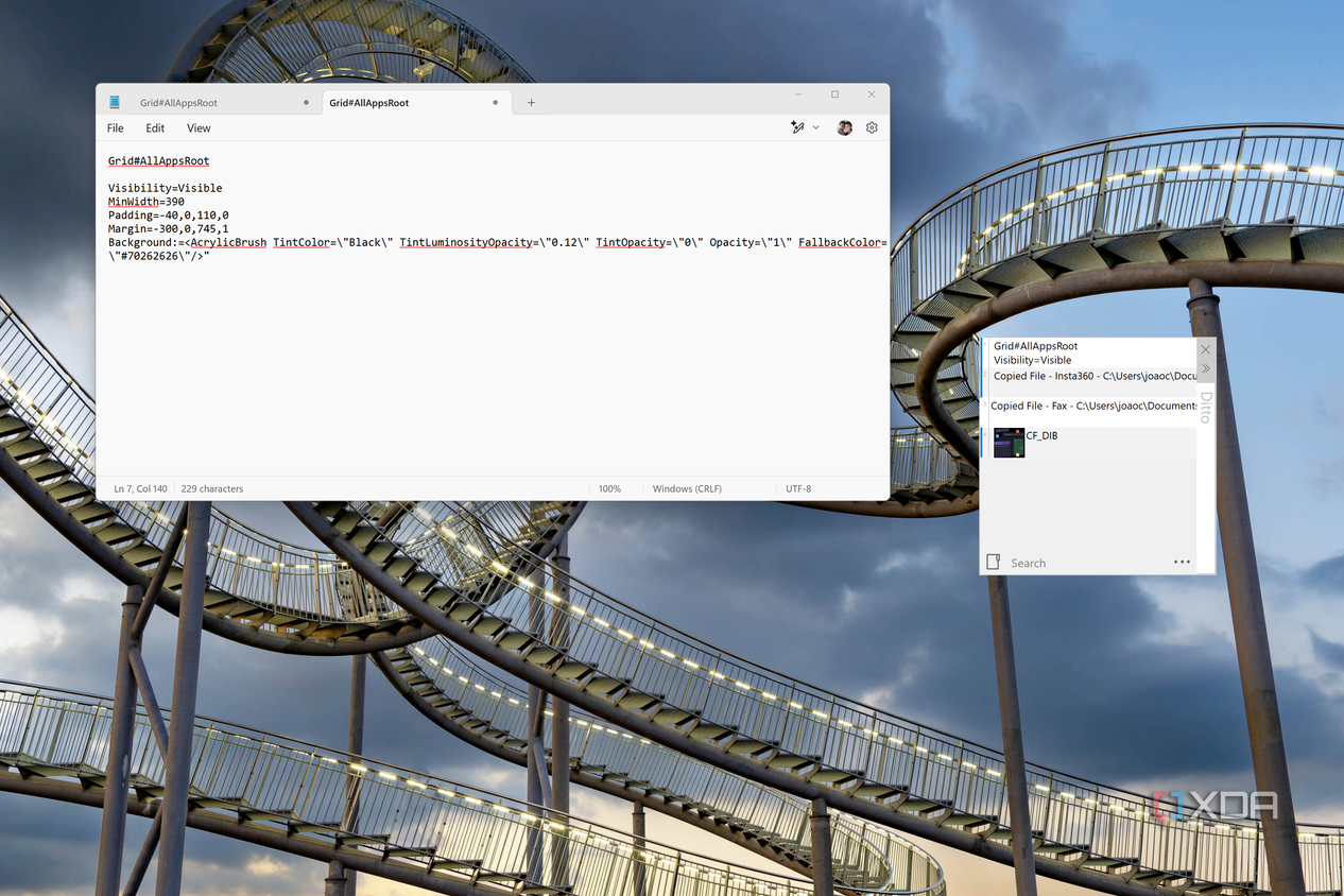 Screenshot of the Ditto clipboard manager next to a Notepad window