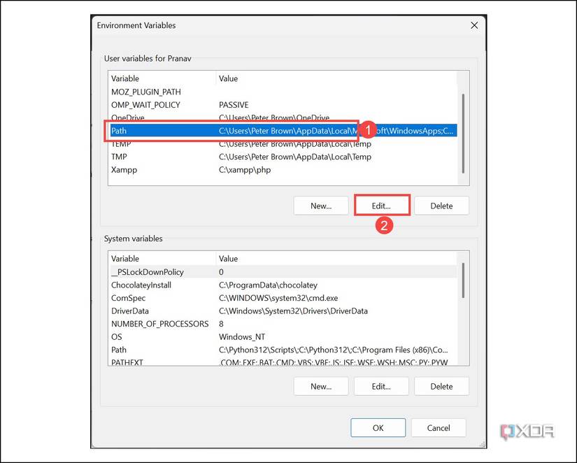 Edit path under Environment Variables