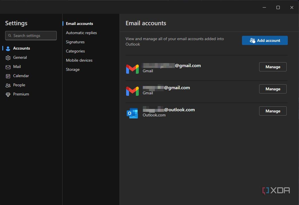 a list of email accounts in outlook with the manage option