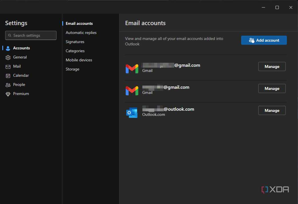 a list of email accounts in outlook with the manage option