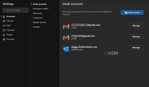 a list of email accounts in outlook with the manage option