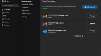 a list of email accounts in outlook with the manage option