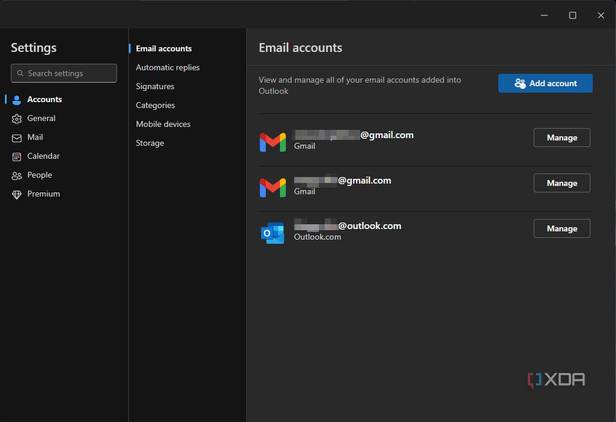 a list of email accounts in outlook with the manage option
