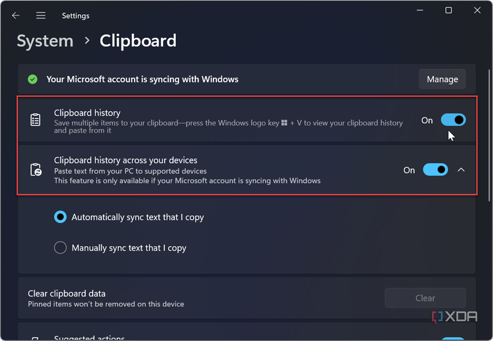 showing how to enable clipboard history and clipboard sync across devices in Windows 11
