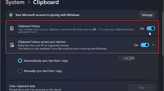 showing how to enable clipboard history and clipboard sync across devices in Windows 11