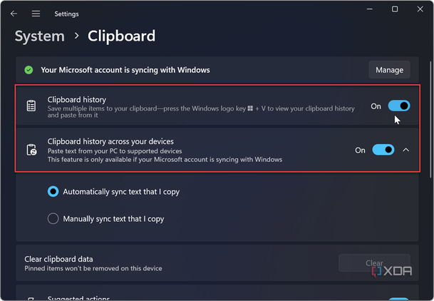 showing how to enable clipboard history and clipboard sync across devices in Windows 11