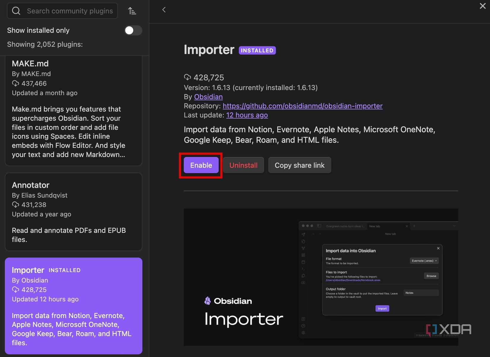Enable importer plugin