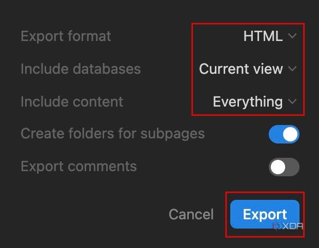 Export format in Notion