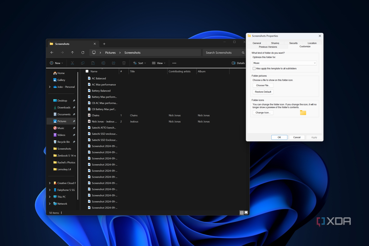 Screenshot of File Explorer with a properties dialog window open showing the optimization menu set to Music