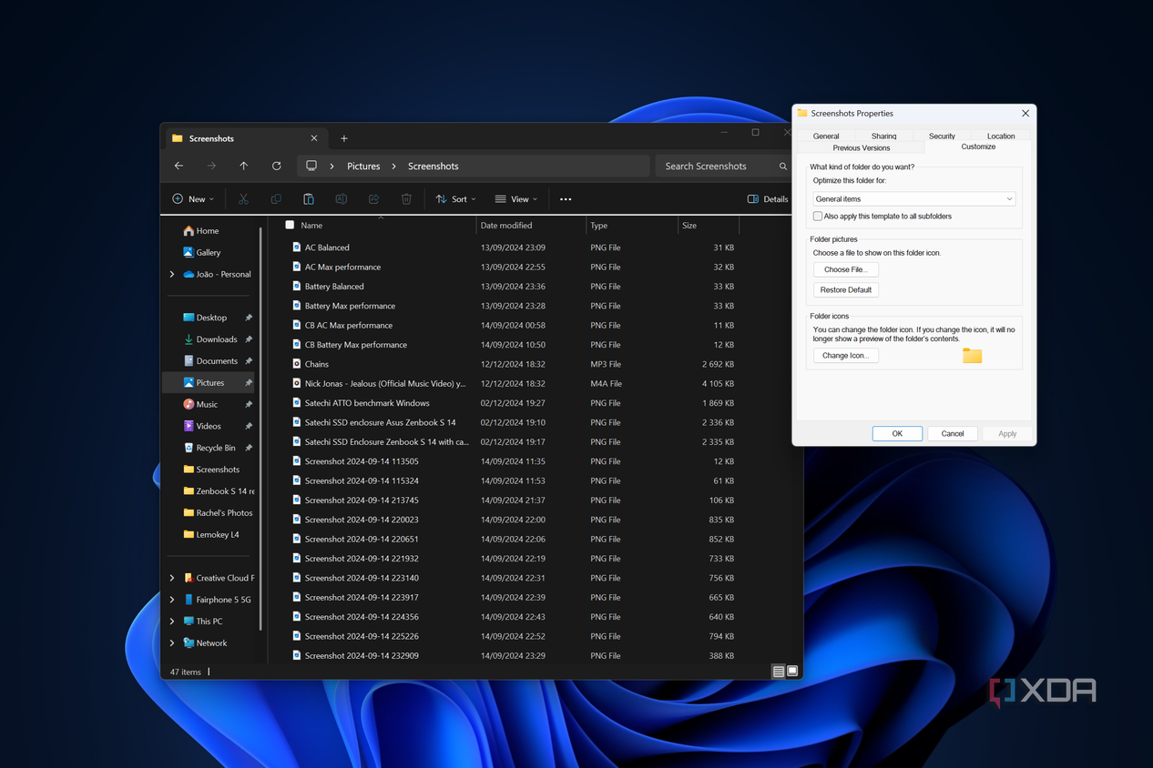 Screenshot of File Explorer with a properties dialog window open showing the optimization menu set to General items