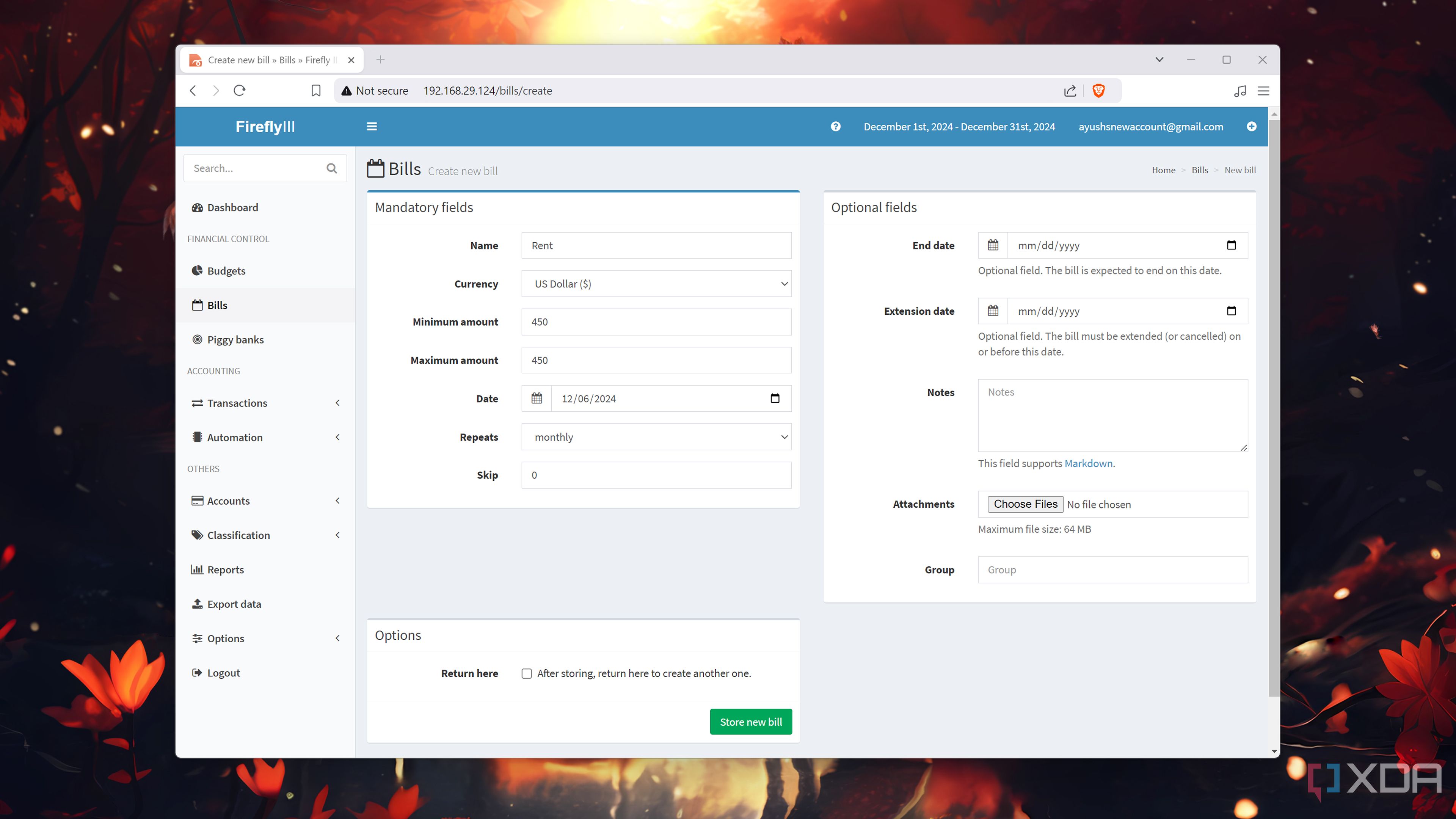 The Bills tab in the Firefly III web UI