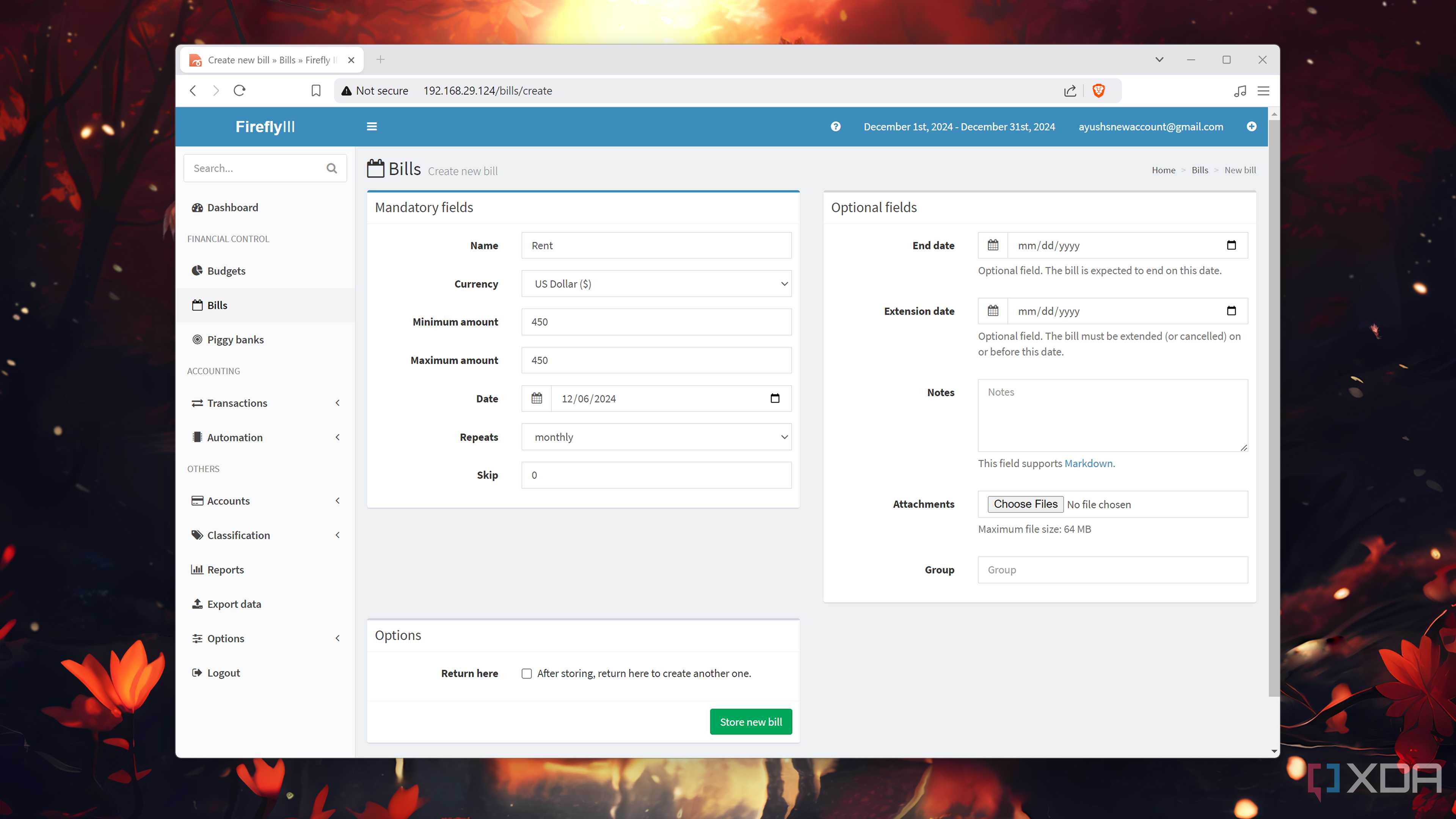 The Bills tab in the Firefly III web UI
