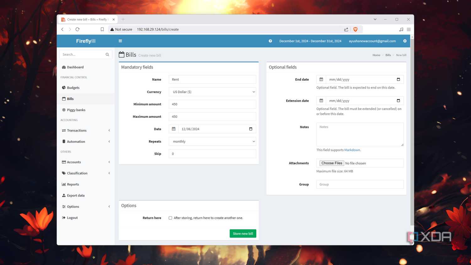 The Bills tab in the Firefly III web UI