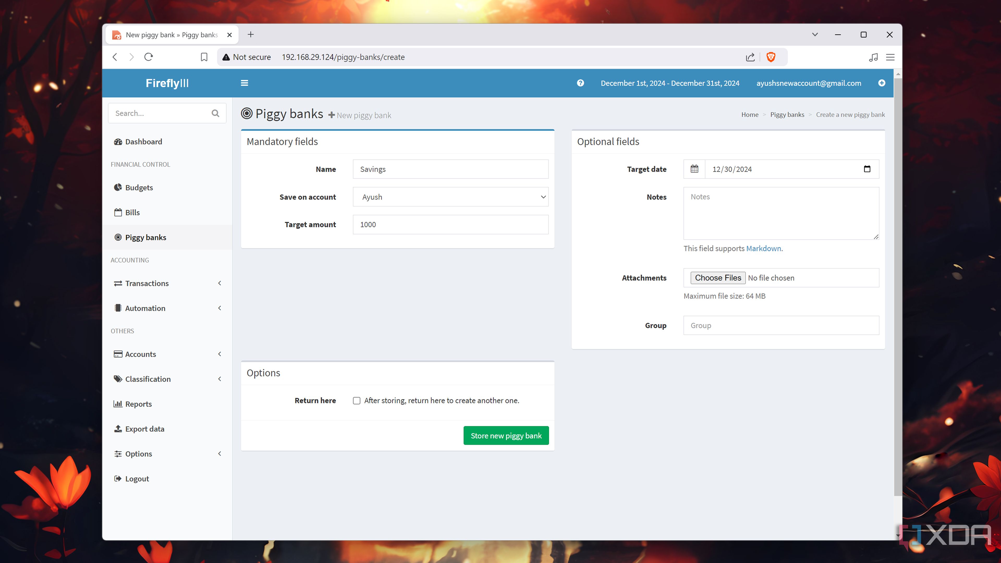 The Piggy Bank tab in the Firefly III web UI