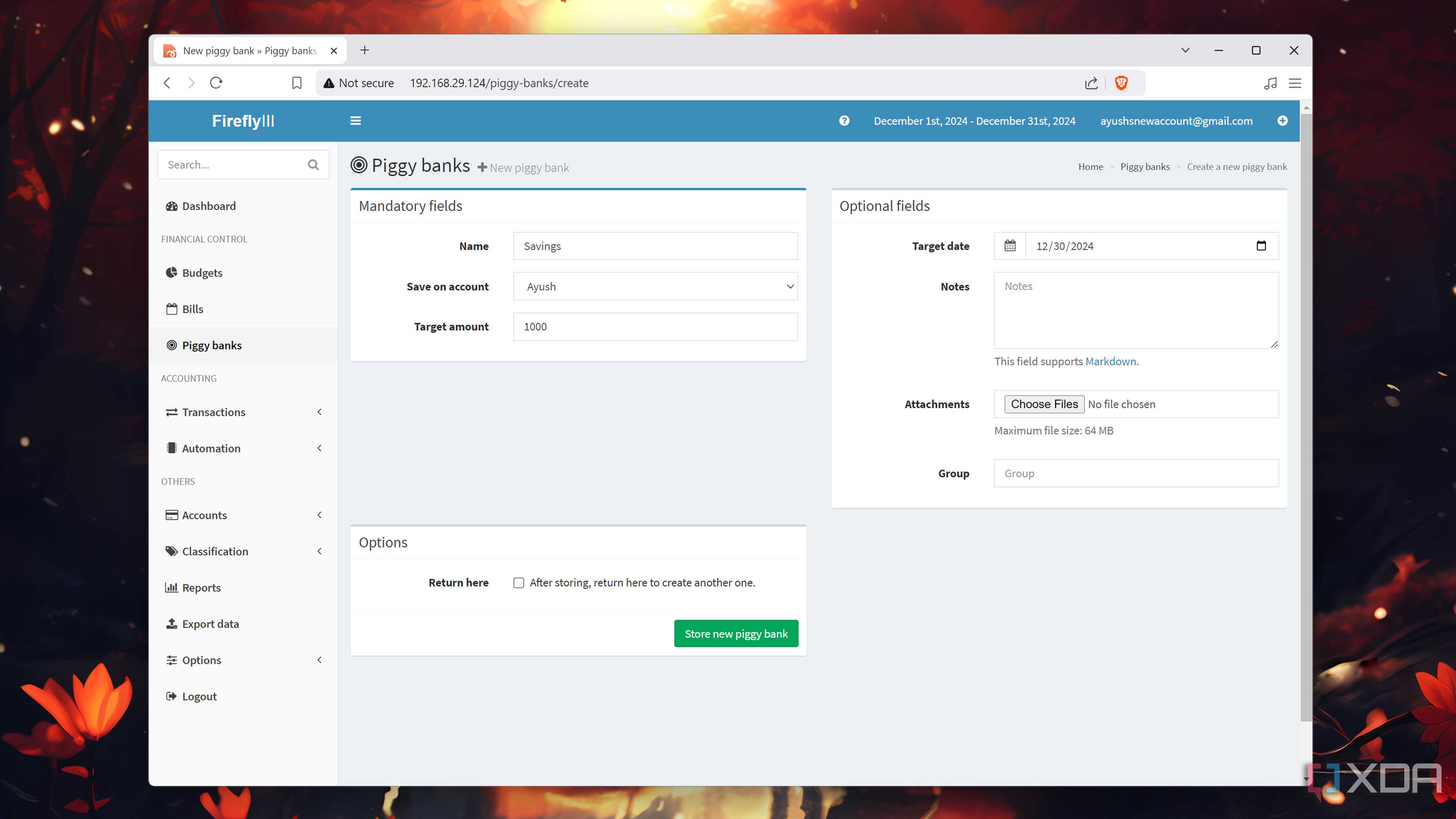 The Piggy Bank tab in the Firefly III web UI
