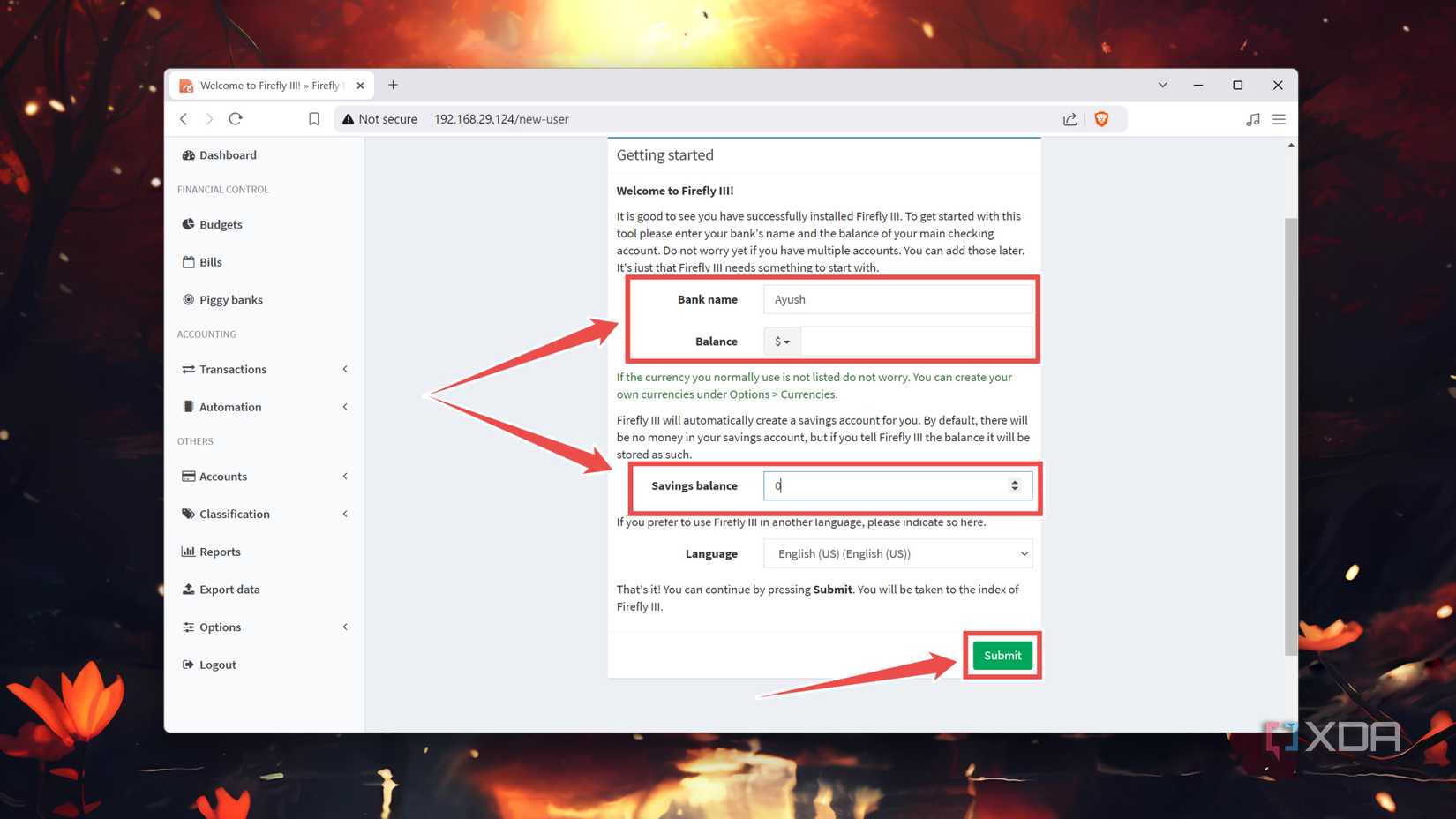The Getting Started page in the Firefly III web UI