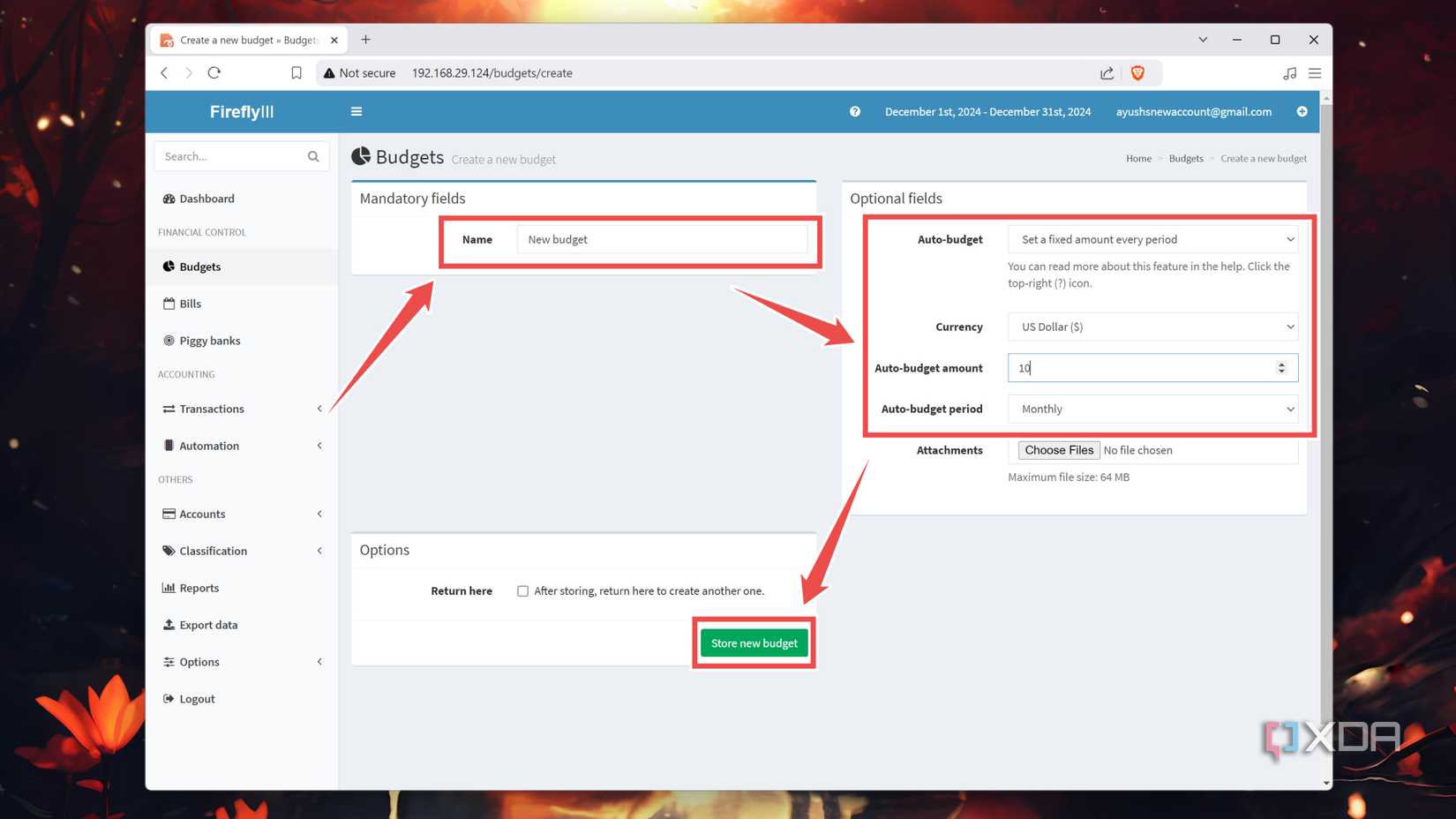 Entering the values to create a budget in the Firefly III web UI