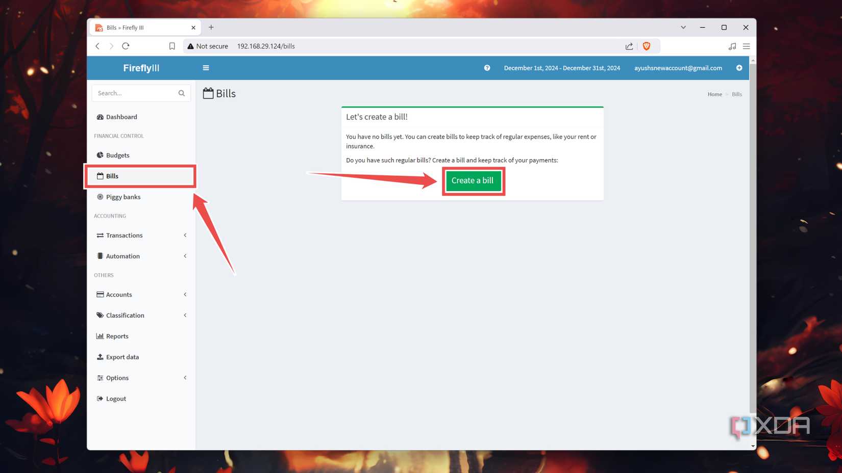 Creating a bill in the Firefly III web UI