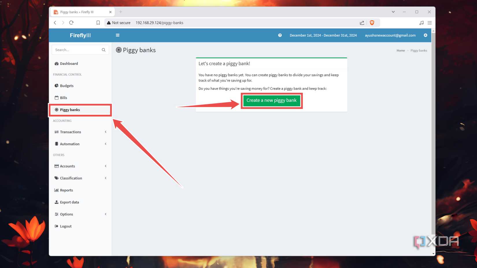 Creating a Piggy bank in the Firefly III web UI