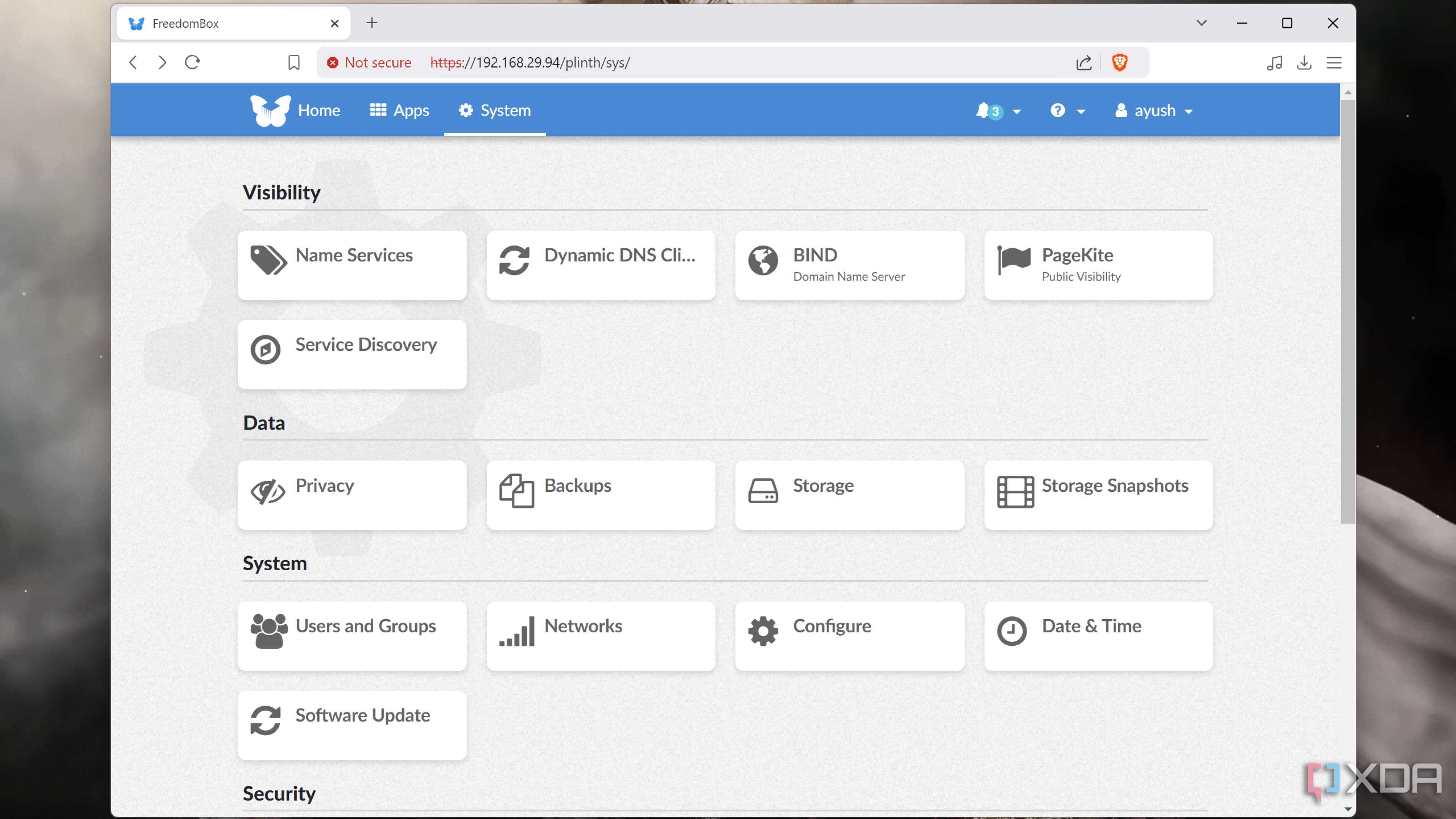 The settings page in FreedomBox