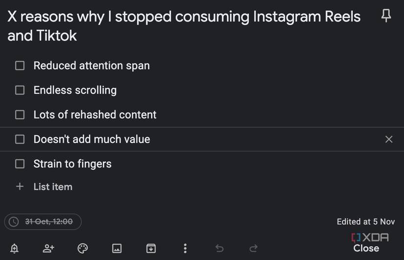 Google Keep example note