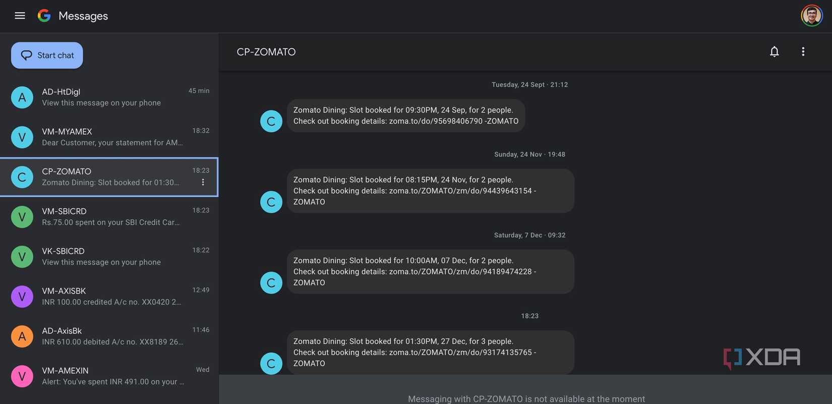 Google Messages app on web
