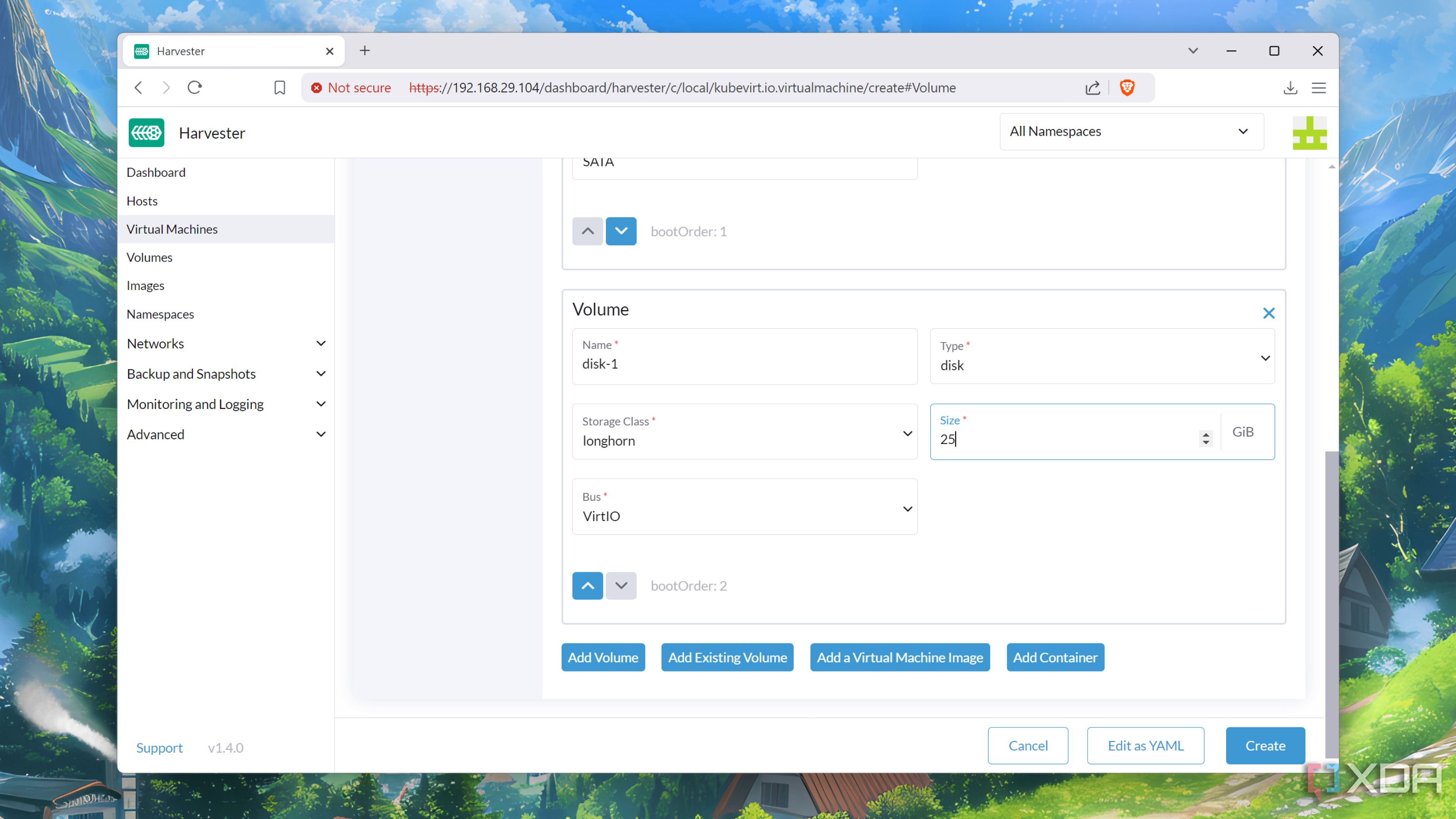 The virtual machines tab in the Harvester web UI
