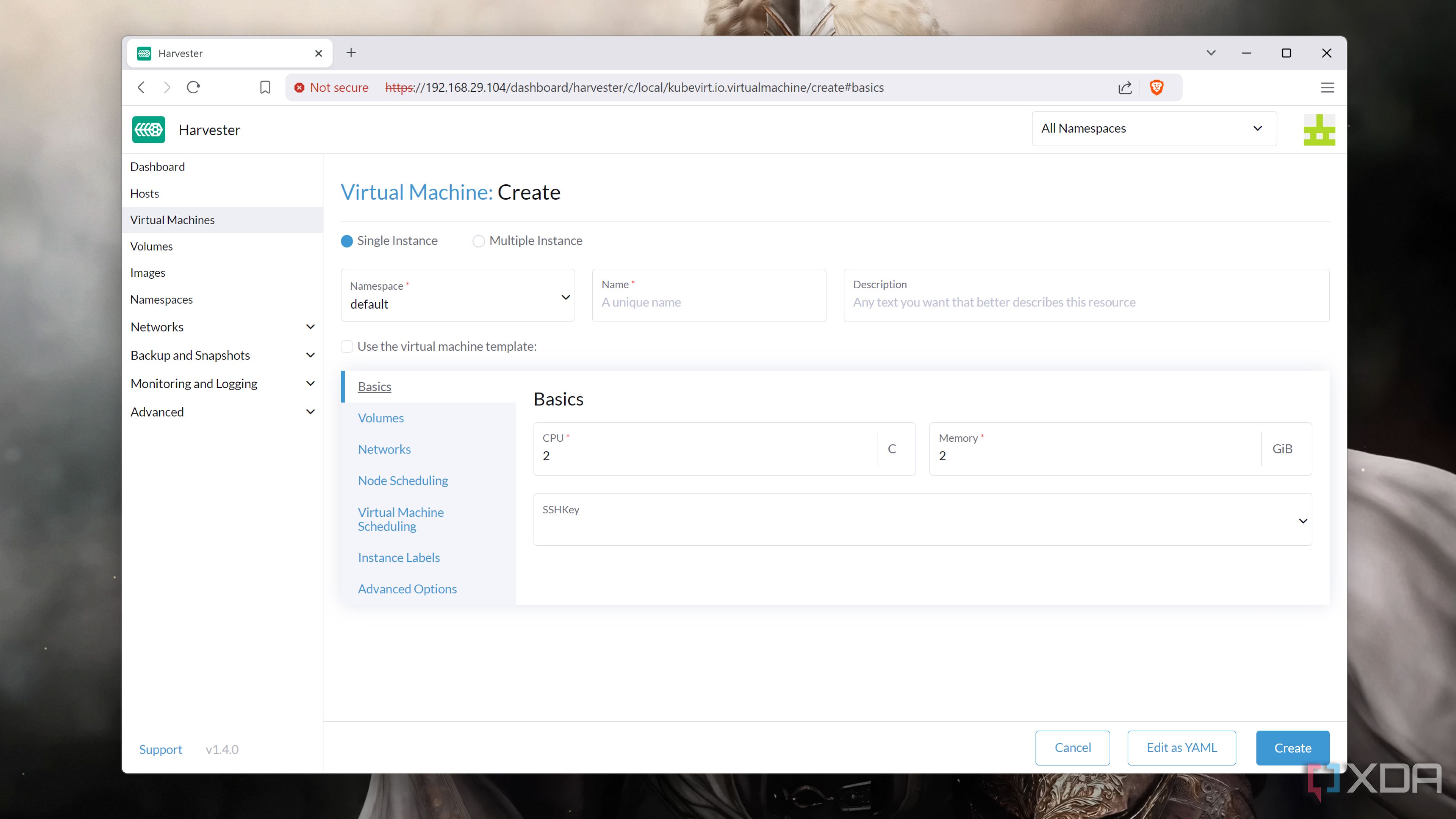 The Create tab in the Harvester web UI