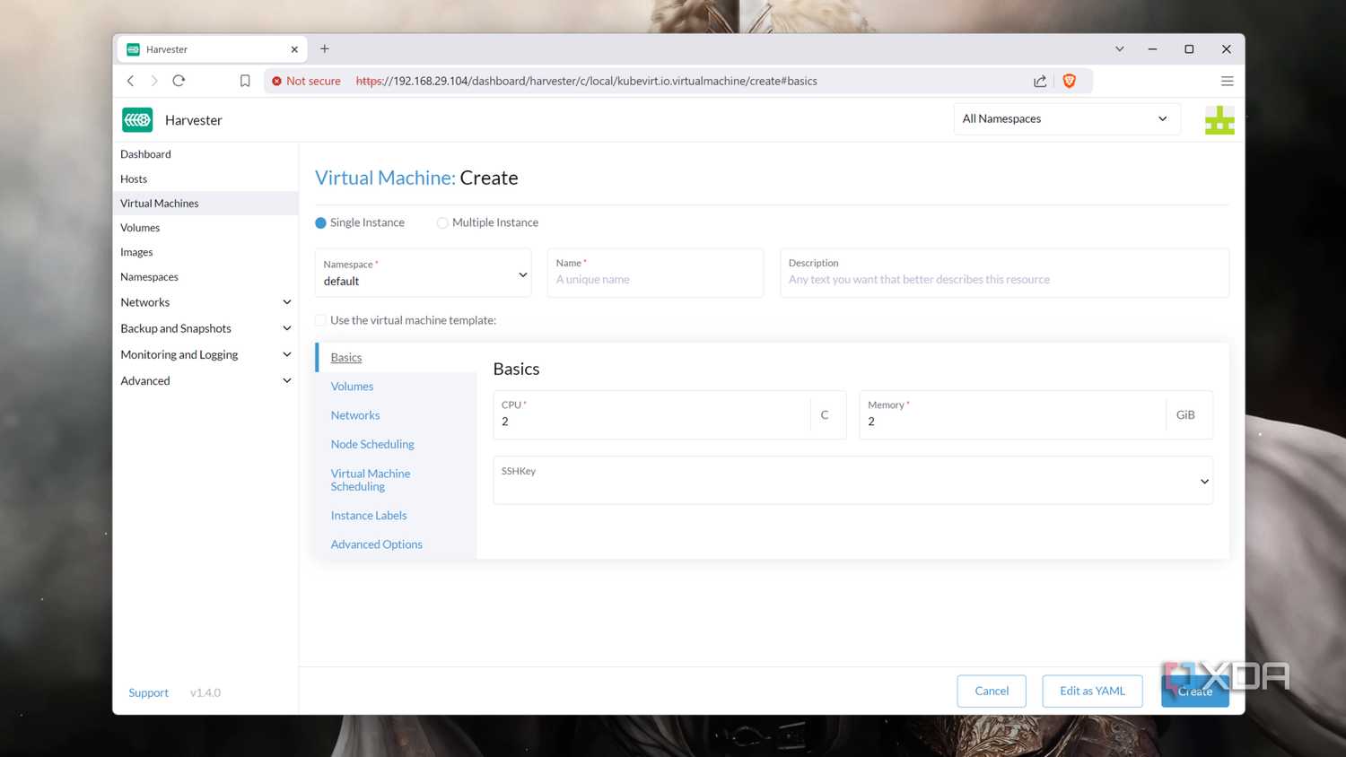 The Create tab in the Harvester web UI