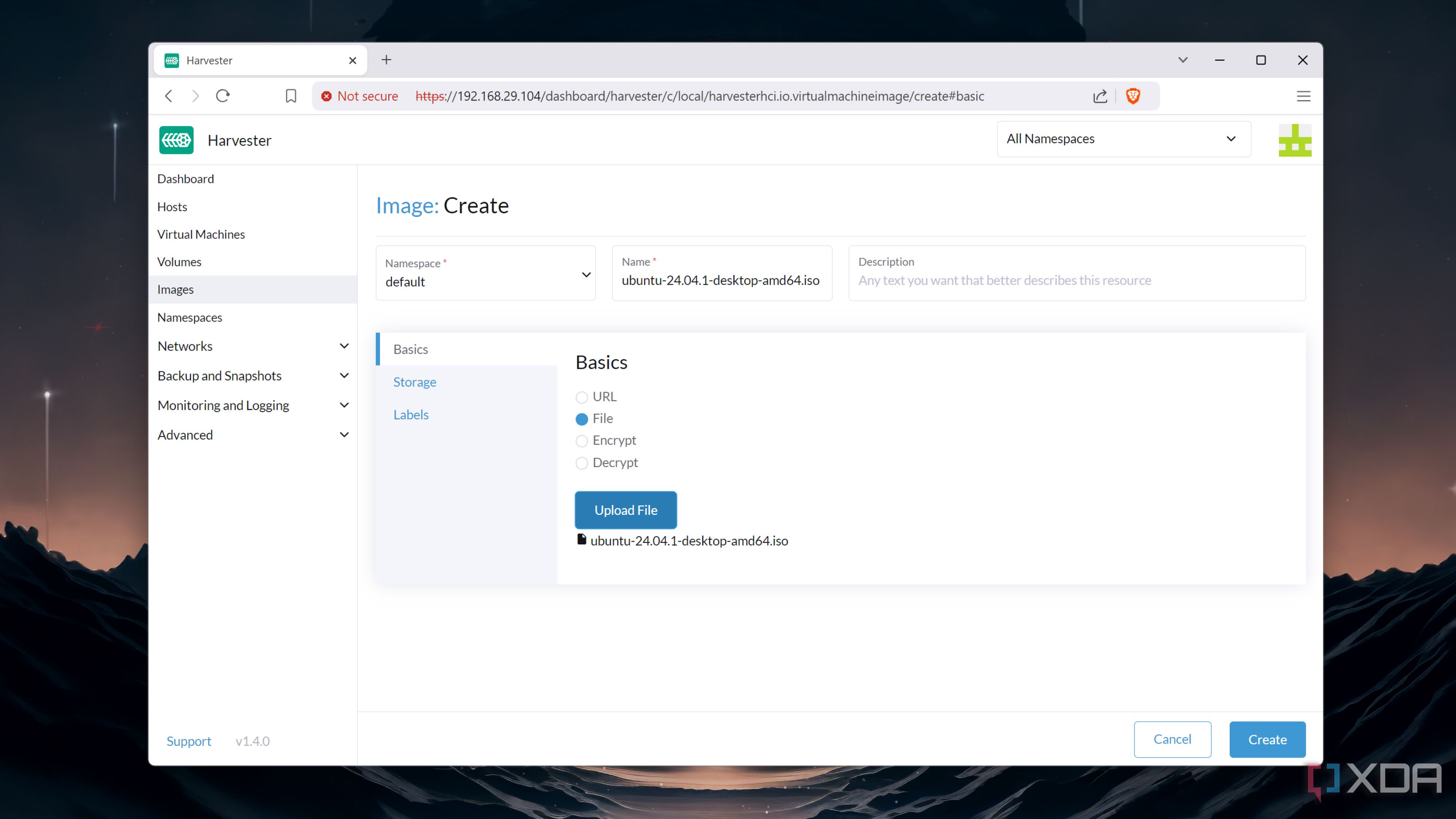Creating a VM in the Harvester web UI