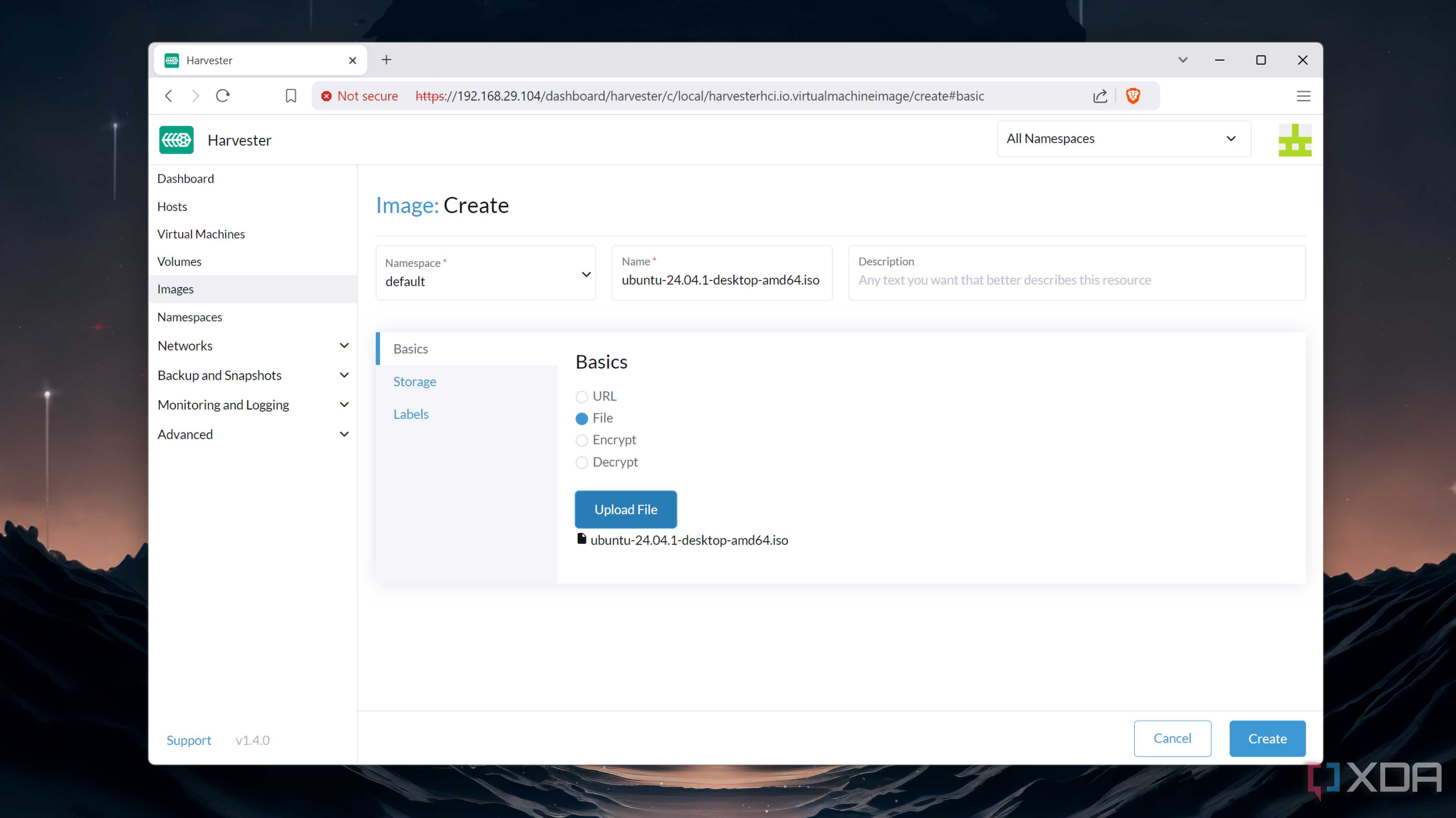 Creating a VM in the Harvester web UI