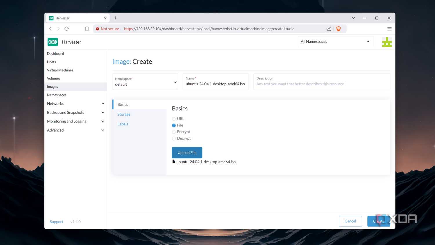 Creating a VM in the Harvester web UI