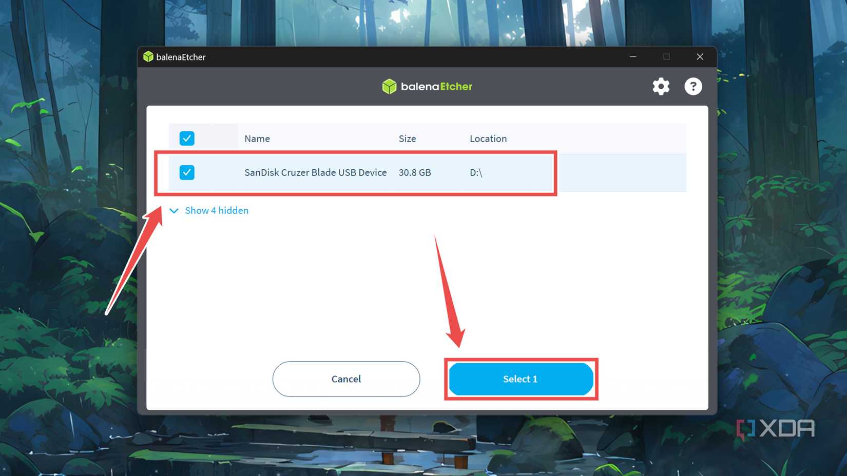 Selecting the flash drive in Balena Etcher