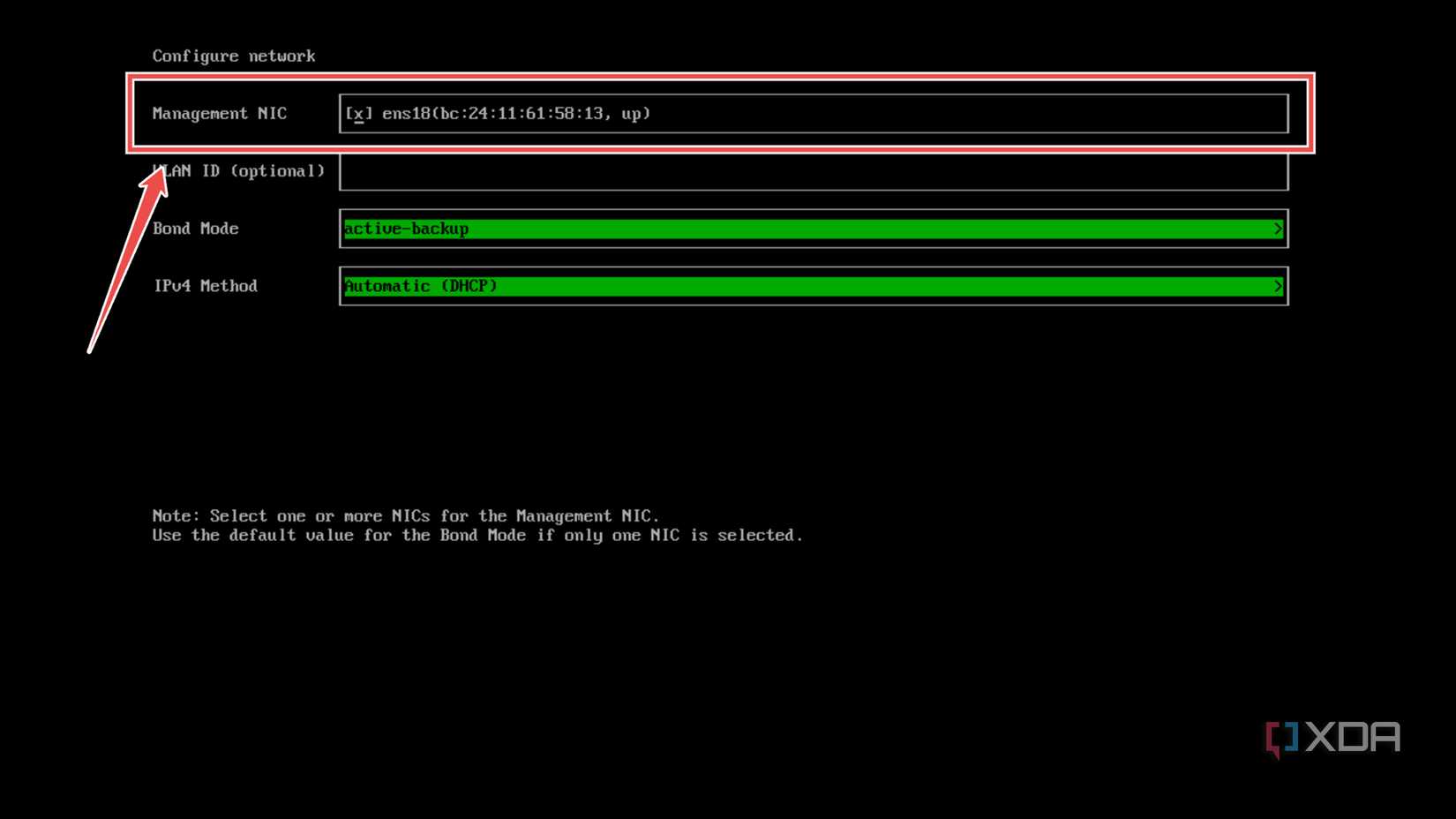 Selecting the NIC in the Harvester installation wizard