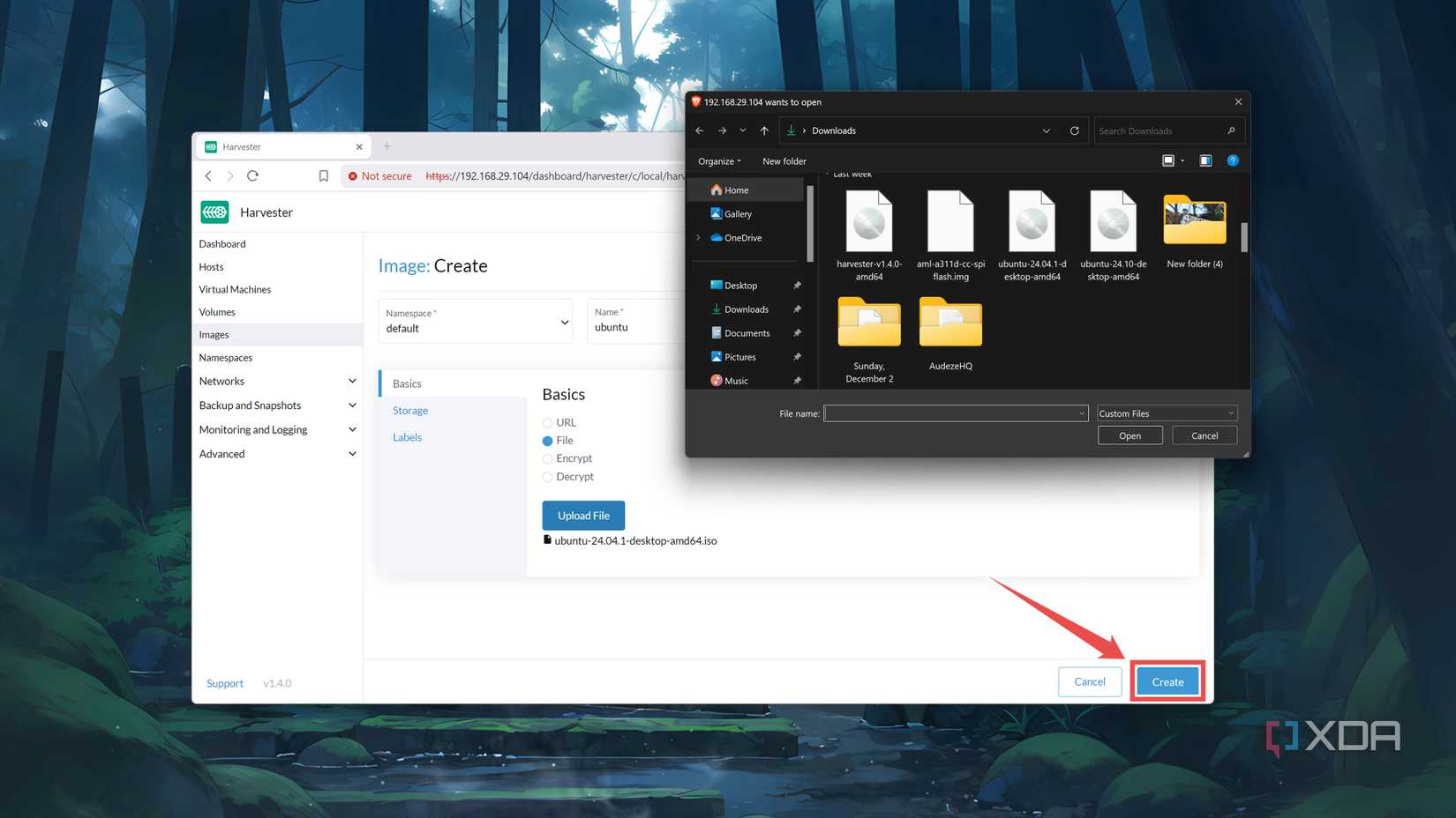 Clicking on the Create button in the Harvester web UI