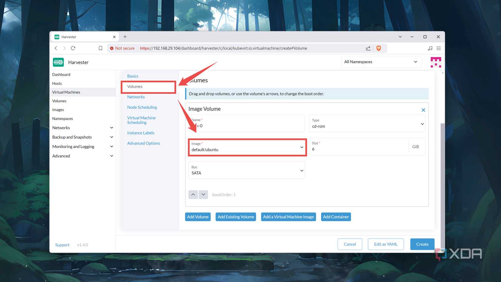 Adding the ISO file for a VM in the Harvester web UI