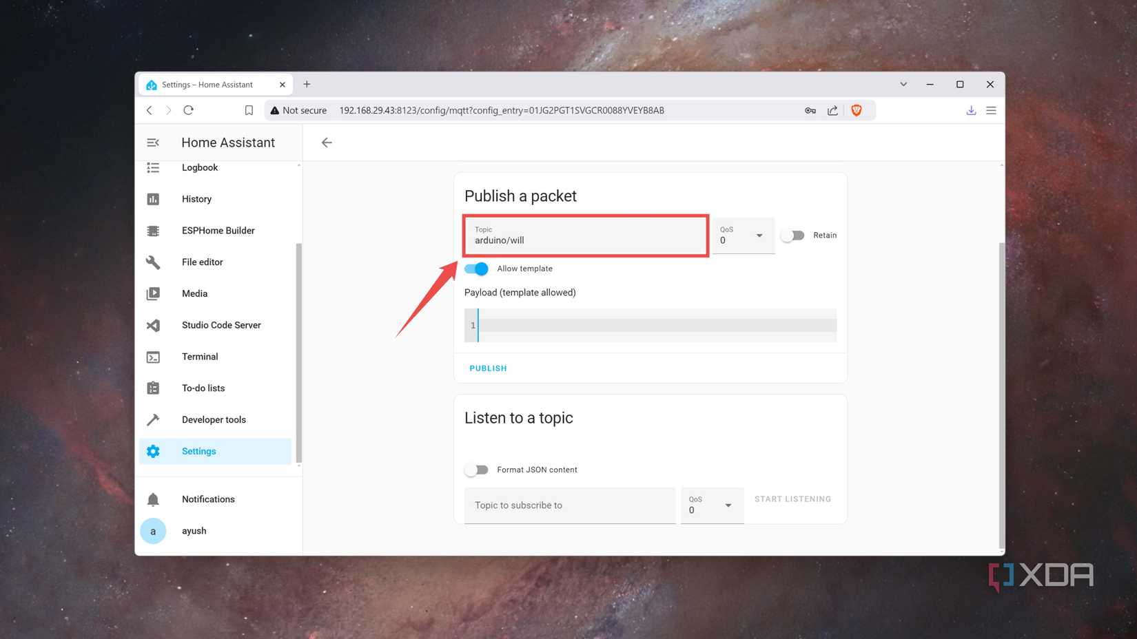 Publishing a packet via MQTT broker in the Home Assistant web UI