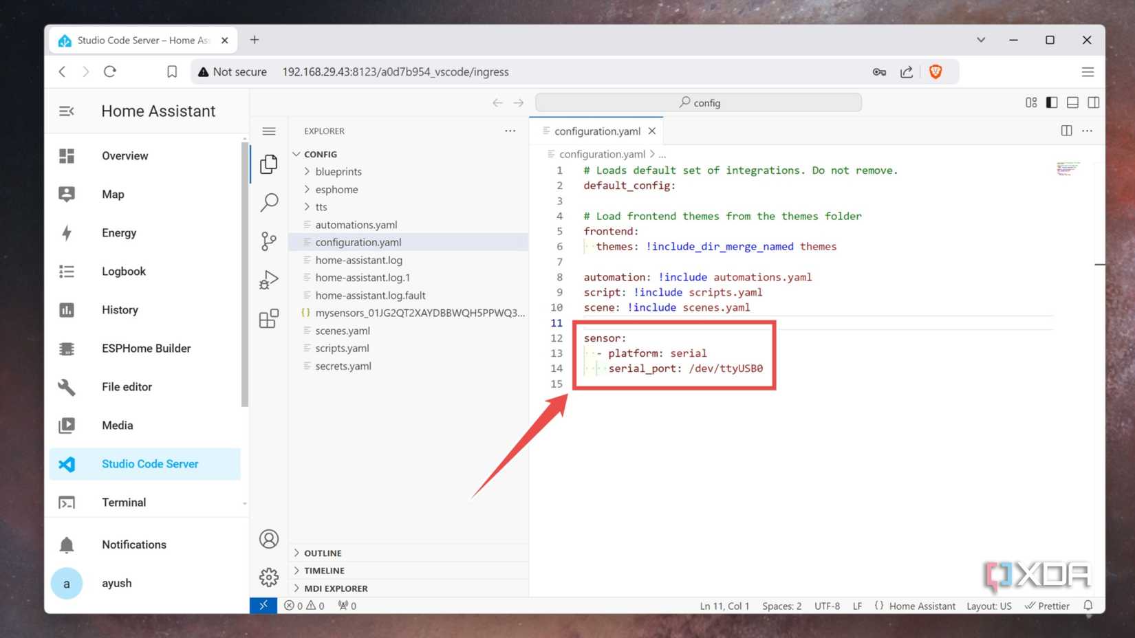 Adding the serial code in the Studio Code Server 