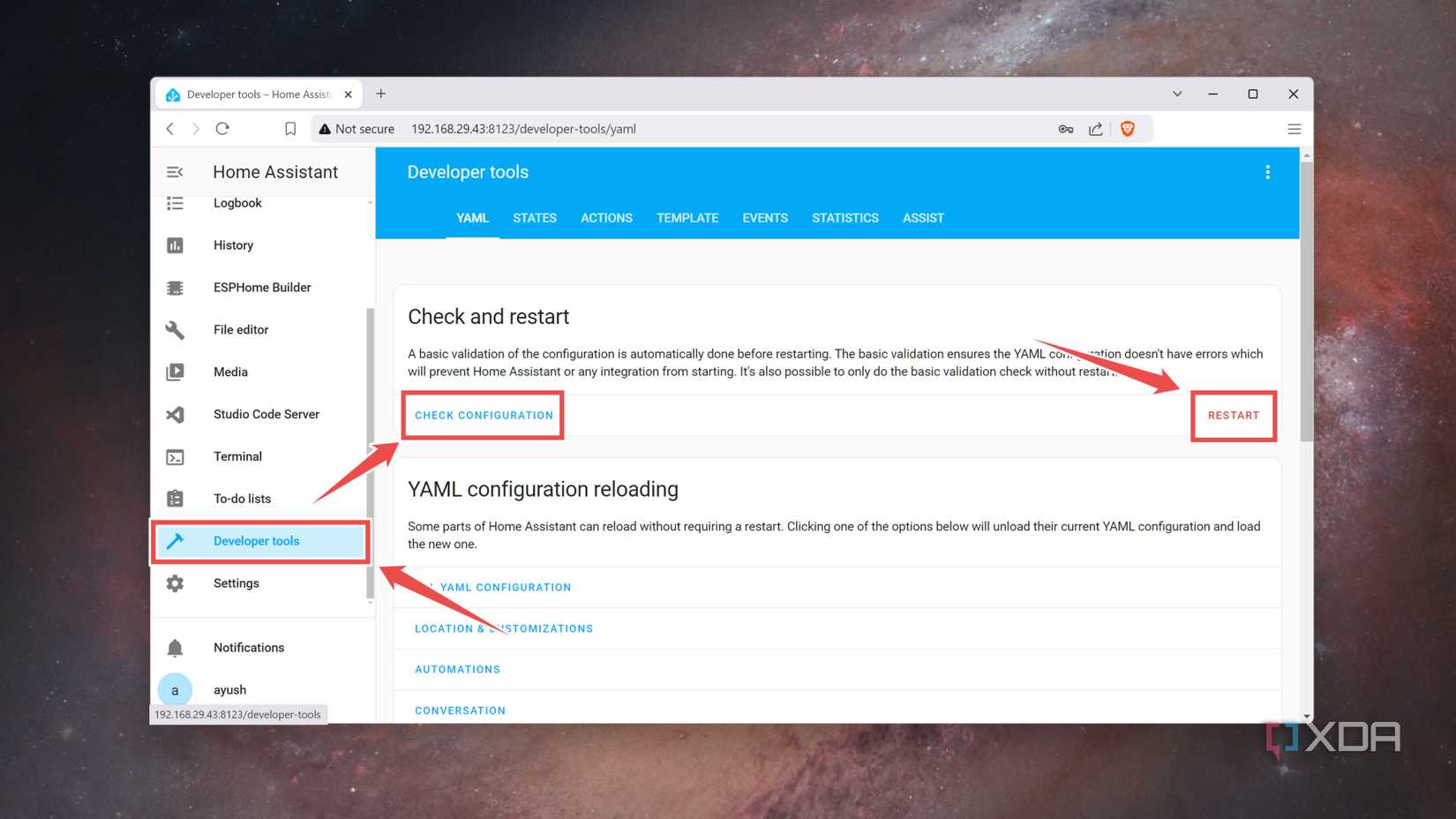 Restarting the HASS web UI