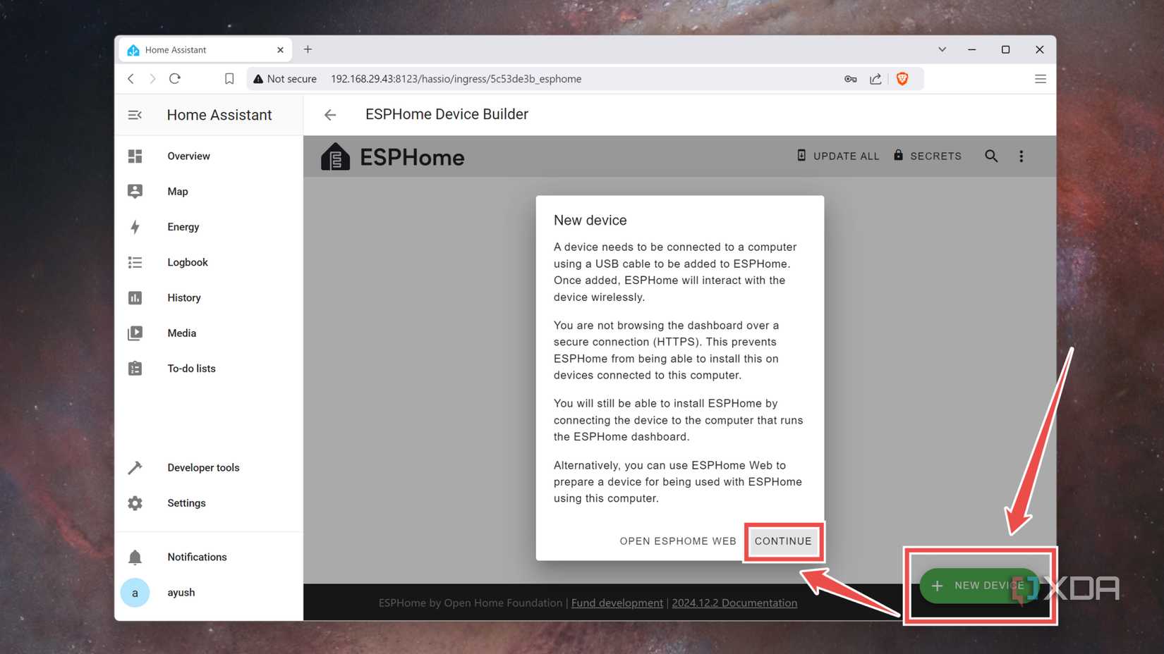 Adding a new device to ESP32 Home in the Home Assistant web UI